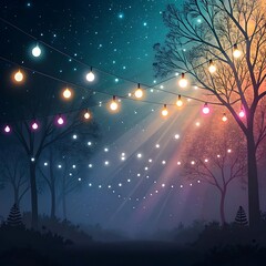 A dreamy night scene with glowing lanterns of various colors floating above a serene field under a starlit sky.