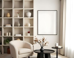 A cozy living room with a white armchair, a black side table, a potted plant, and a large white shelving unit filled with decorative items, surrounded by warm wood paneling , featuring a soft rug .