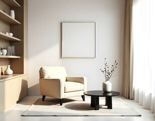 A cozy living room with a white armchair, a black side table, a potted plant, and a large white shelving unit filled with decorative items, surrounded by warm wood paneling , featuring a soft rug .
