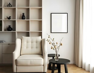 A cozy living room with a white armchair, a black side table, a potted plant, and a large white shelving unit filled with decorative items, surrounded by warm wood paneling , featuring a soft rug .