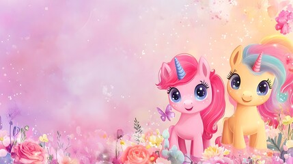 Two colorful unicorns surrounded by flowers on a pastel background.