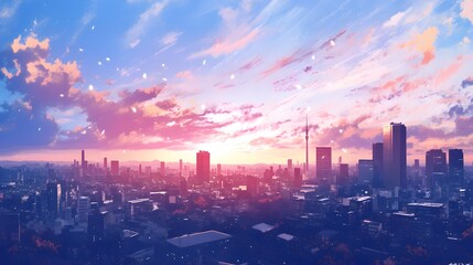 Serene sunset over a cityscape in anime watercolor style