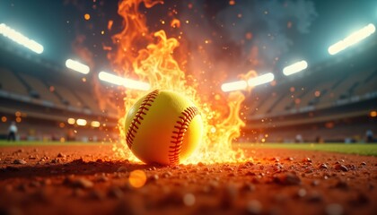 Fiery softball ignites stadium. Dramatic sport action. Passionate game under stadium lights. Exciting play on baseball field. Intense moment of match. Powerful shot. Championship level competition.
