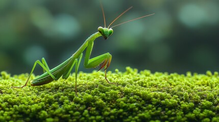 Close-up of a green praying mantis on moss.