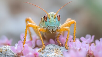 Fototapeta premium Close-up of a vibrant grasshopper perched on pink flowers and a rock.