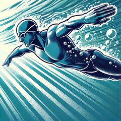 An illustration of a swimmer in mid-stroke underwater, wearing blue swimwear and a white swim cap
