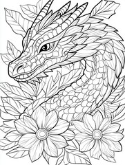 Fototapeta premium Intricate Dragon Surrounded by Lush Foliage and Vibrant Flowers
