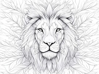 Majestic Lion Illustration Surrounded by Intricate Leaf Patterns