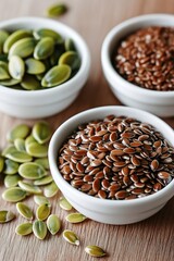 Colorful assortment of seeds in bowls highlighting natural nutri