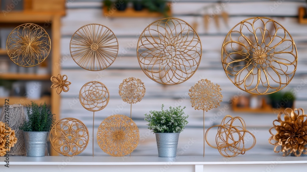 Poster decorative woven orbs displayed on a shelf, surrounded by greenery, creating a warm and inviting amb