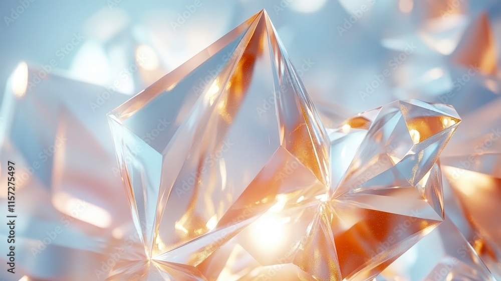Poster a close-up of sparkling, translucent crystals reflecting light, creating a mesmerizing play of color