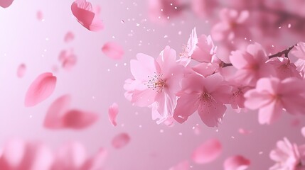 Fototapeta premium Petal Rain: Capture falling cherry blossoms against a pastel-pink sky