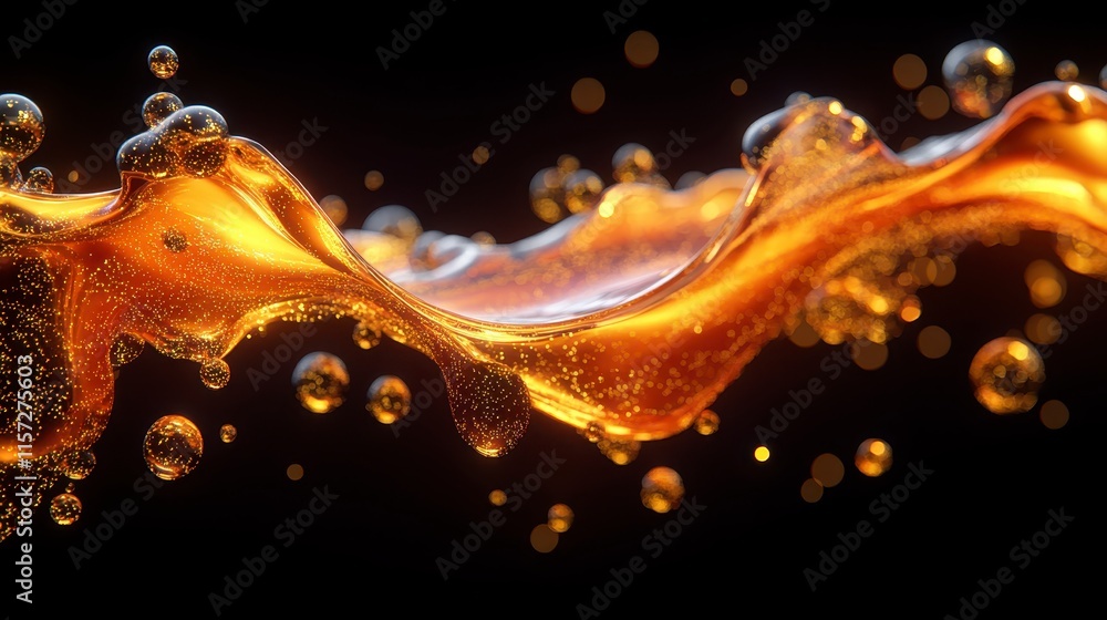 Poster a vibrant splash of golden liquid with bubbles, creating dynamic shapes against a dark background, s