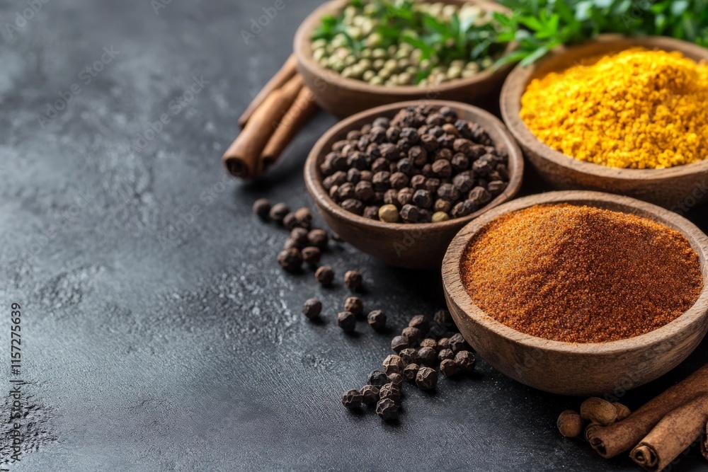 Poster an arrangement of assorted spices in wooden bowls placed on a dark textured table, highlighting dive