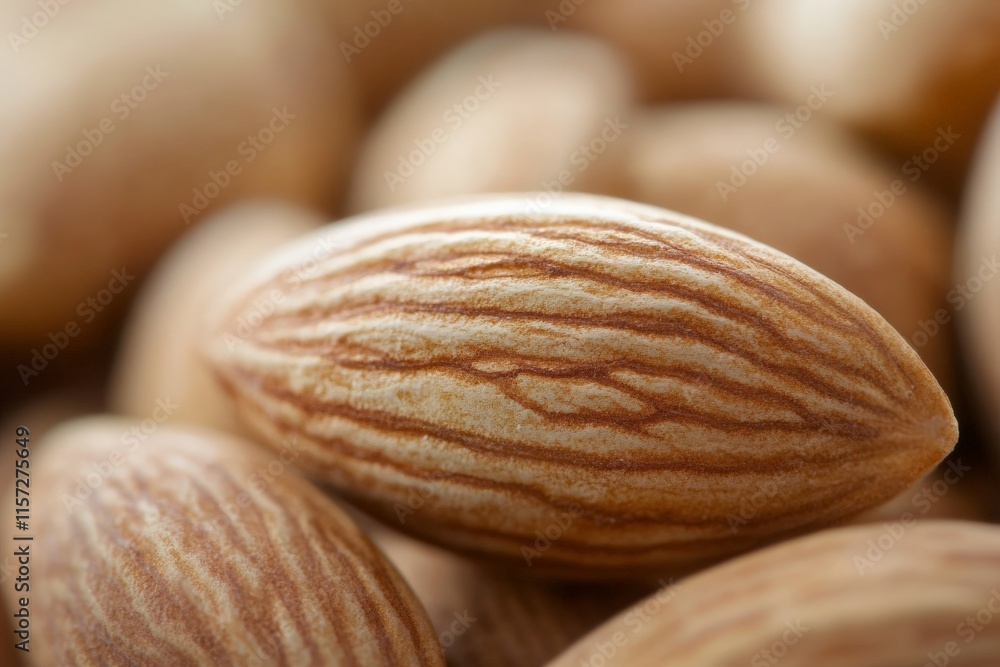 Poster a macro shot showcasing the detailed texture of a shelled almond, emphasizing its natural beauty and