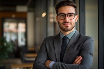 A confident man wearing a tailored suit stands in a modern office space, radiating professionalism, success, and the embodiment of career ambition.