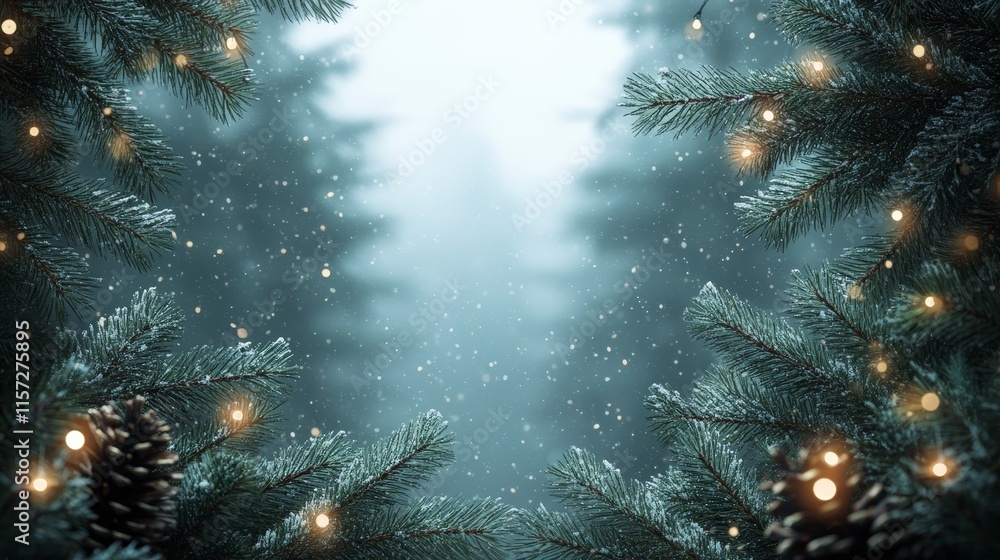 Poster winter wonderland with snow falling through evergreen trees illuminated by warm lights in a tranquil
