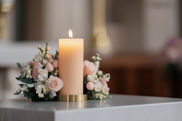 Fototapeta premium religious holiday decor, a glowing candle arrangement surrounded by spring flowers on a polished altar in an easter church display