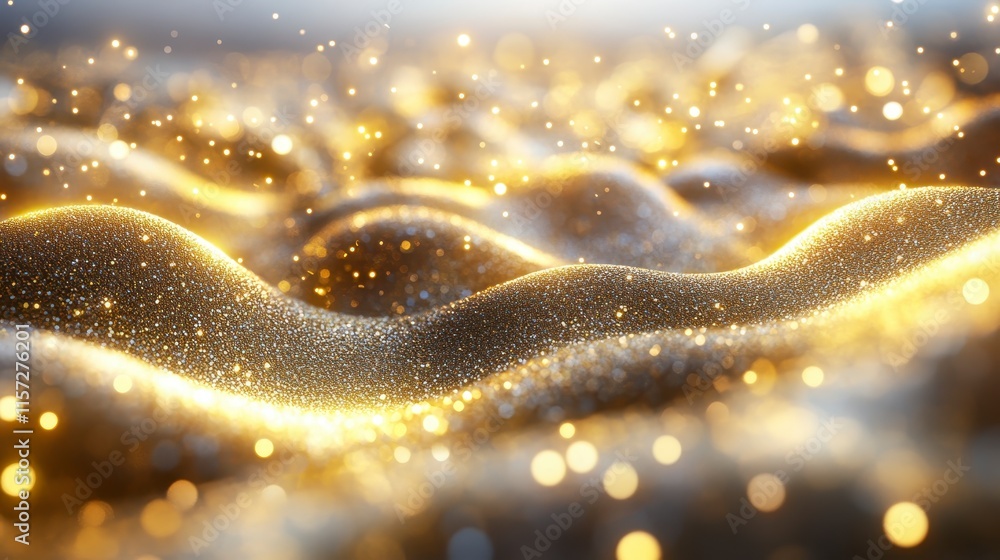 Poster a shimmering landscape of golden particles, creating an ethereal, wave-like effect that evokes a sen