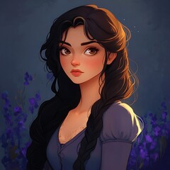 A digital portrait of a young woman with long hair, surrounded by purple flowers.