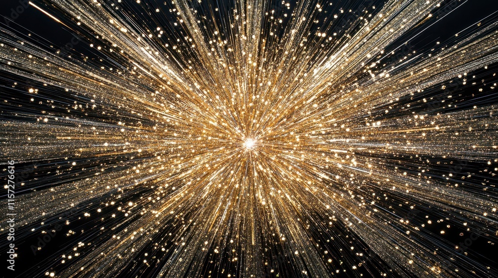 Poster a dazzling explosion of golden light, radiating outward with shimmering particles against a dark bac