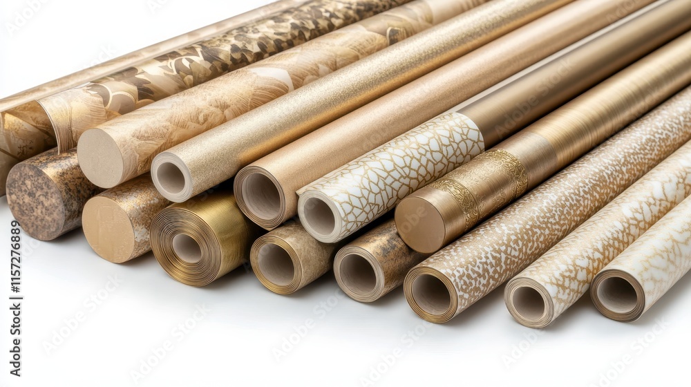 Aufkleber a collection of decorative golden wrapping paper rolls arranged in a visually appealing manner, show