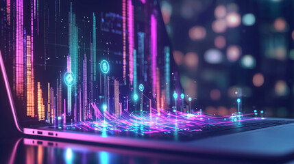 Holographic ROI Icons Surrounding Laptop for Data Analytics