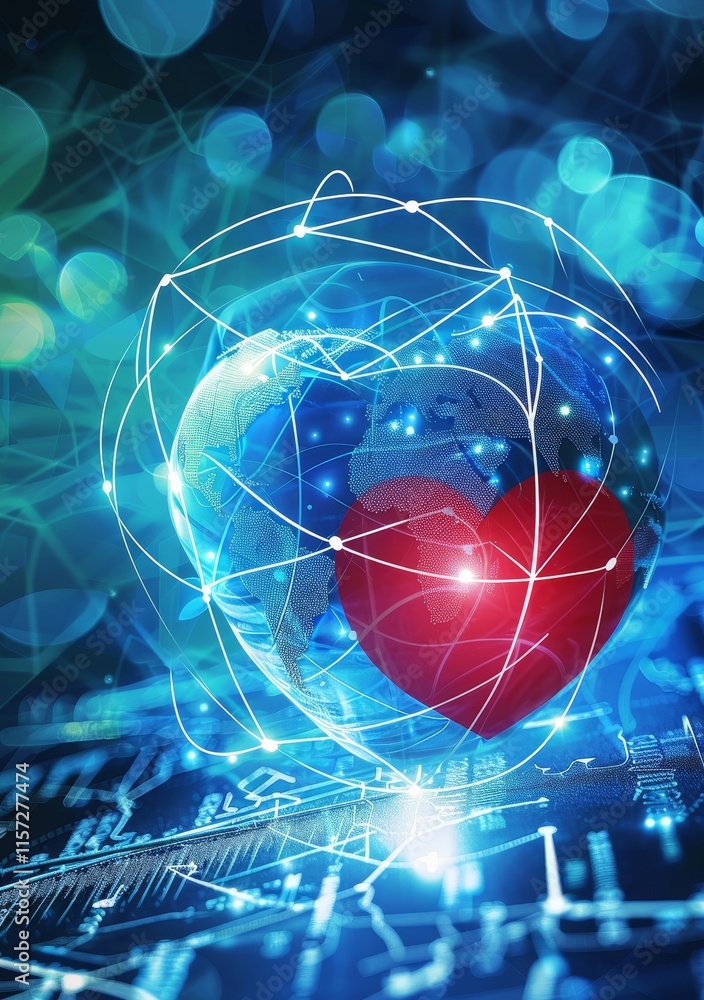Poster Visual Representation of Interconnected Hearts and Global Networks Illustrating the Blend of Love and Technology in a Digital World