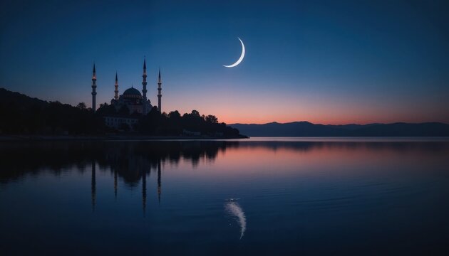 Crescent moon reflecting on lake near mosque at dusk