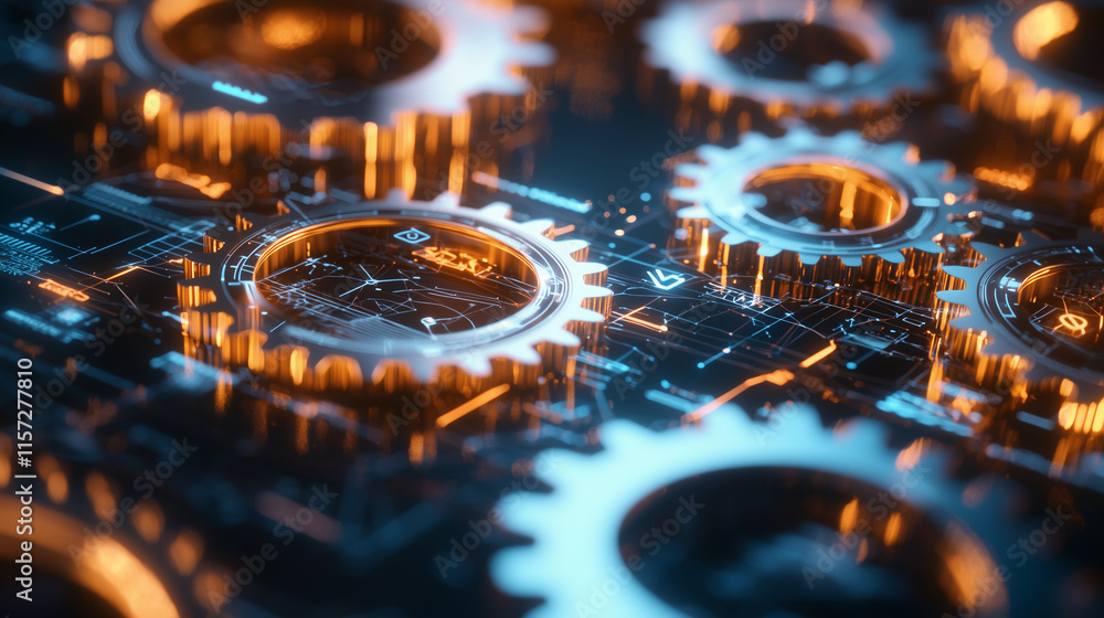 Poster interconnected business gears hologram rotating in sync