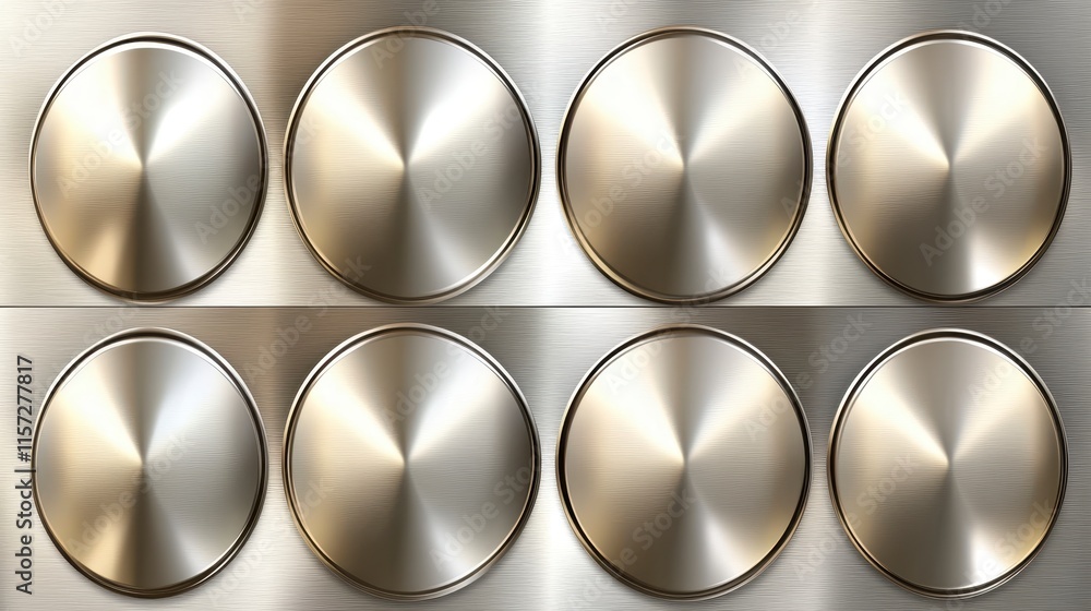 Poster a close-up image of metallic, circular buttons arranged in two rows, showcasing a sleek, modern desi