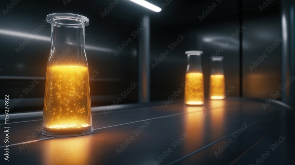 Poster three glowing bottles with amber liquid are lined up on a sleek, dark surface, illuminated by soft l