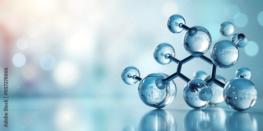 Poster Abstract science banner 3D molecular model. Glass spheres represent atoms connected by dark metallic rods. Image light blue background with soft bokeh. Evokes concepts of molecular structure,