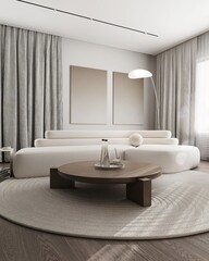 Classic contemporary living room with kitchen and dining room. Luxurious apartment background with contemporary design. Modern interior design. 3D render, 3D illustration.