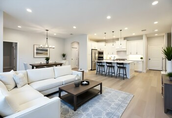 Fototapeta premium A modern and spacious open-concept living room and kitchen area. The kitchen features white cabinets, stainless steel appliances, and a large central island. The living room has a plush white sofa.