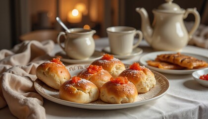 Traditional scones with jam on cozy breakfast table