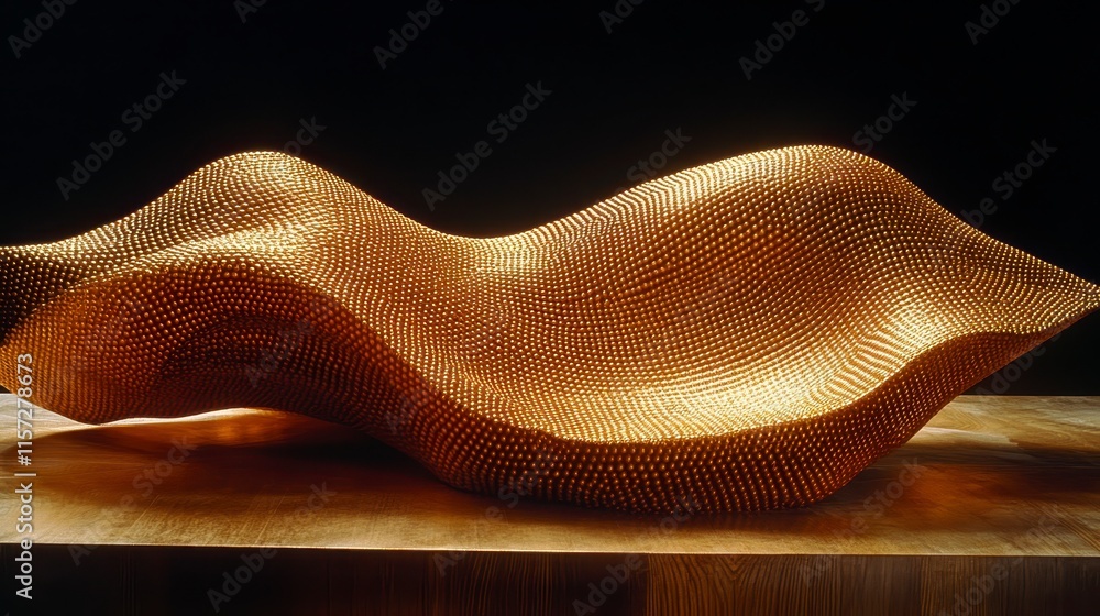Poster a stunning golden sculpture with flowing curves, showcasing intricate patterns and a dynamic form, s