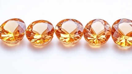 A row of sparkling orange gemstones reflects light, showcasing their brilliant facets against a clean white background.