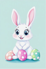 Fototapeta premium Cute bunny holding colorful Easter eggs on a pastel background. Generative AI