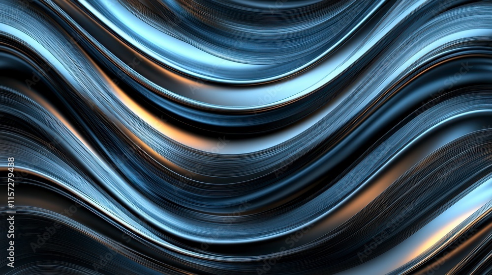 Poster a mesmerizing abstract image featuring smooth, flowing metallic waves in shades of blue and silver, 