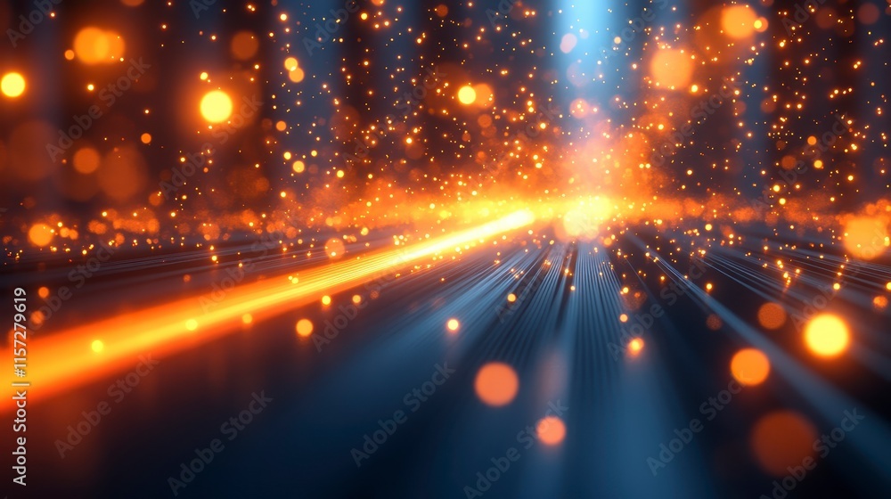 Poster an abstract digital background featuring glowing orange particles and beams of light, creating a vib