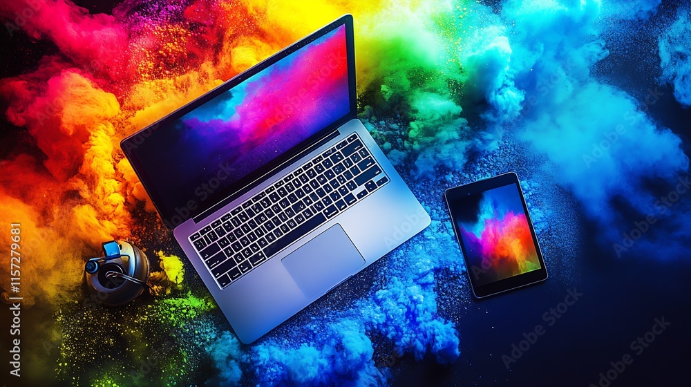 Poster Vivid Color Explosion with Laptop and Smartphone in Tech Creativity Conceptual Setting : Generative AI