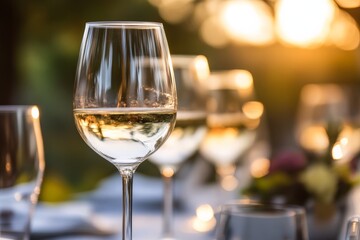 Obraz premium A perfectly chilled glass of white wine sits elegantly on an outdoor table, capturing the serene atmosphere of a sunset gathering, with sun rays reflecting.