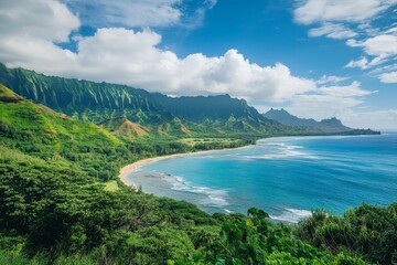 Fototapeta premium A breathtaking view of vibrant green cliffs meeting the deep blue ocean, showcasing nature's beauty with clear skies and the expansive coastline stretching afar.