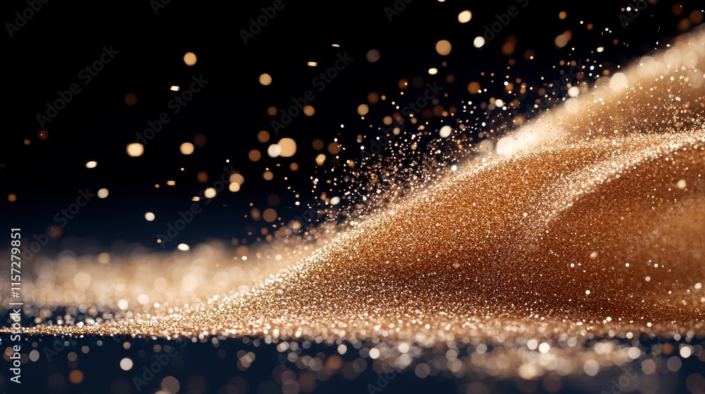 Aufkleber a captivating close-up of shimmering golden sand particles glistening against a dark background, cre