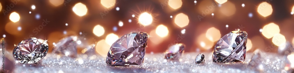 Poster sparkling diamonds scattered on a shimmering surface with soft golden lights in the background durin