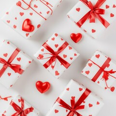 Gifts Wrapped in White Paper With Red Hearts and Ribbons Arranged on a Surface for a Special Occasion or Celebration