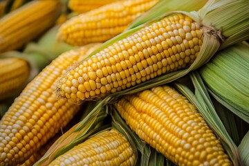 A close-up image of multiple fresh yellow corn cobs, partially husked, stacked together displaying bright kernels. Represents freshness and farm harvest bounty.