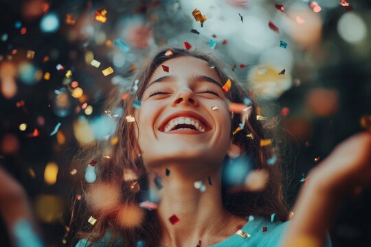 A joyful woman with a wide smile celebrating as colorful confetti rains down around her, capturing a moment of pure happiness and festive exuberance. Vibrant vitality.