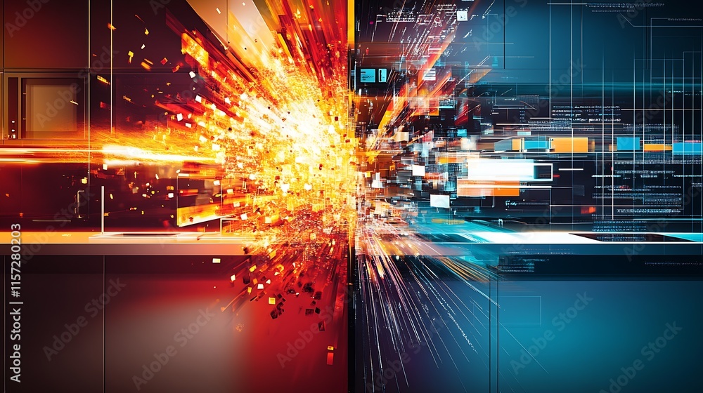 Poster Dynamic abstract explosion of orange particles in geometric digital techno space : Generative AI